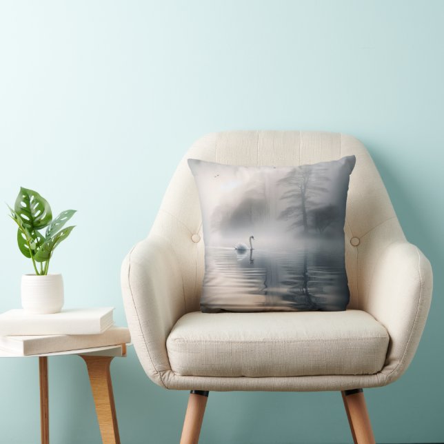 Solitary Swan On Misty Lake Cushion (Chair)