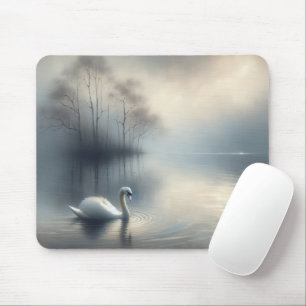 Solitary Swan on Misty Lake Mouse Pad