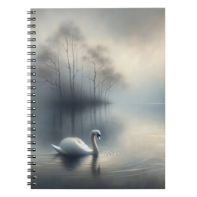 Solitary Swan on Misty Lake Notebook (Front)
