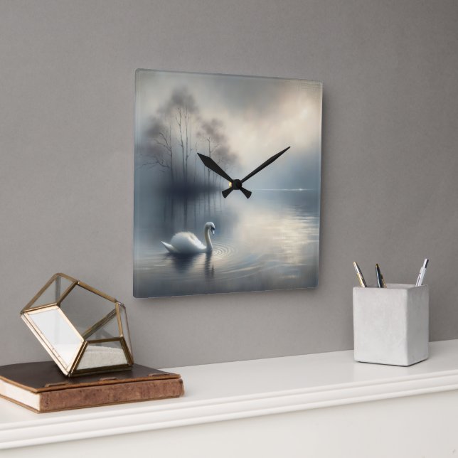 Solitary Swan On Misty Lake Square Wall Clock (Office)