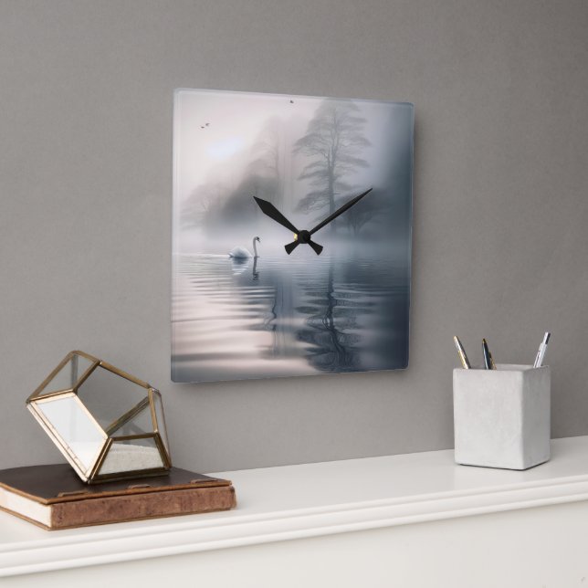 Solitary Swan On Misty Morning Lake Square Wall Clock (Office)