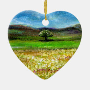 SOLITARY TREE IN THE YELLOW FLOWER FIELD,TUSCANY CERAMIC ORNAMENT