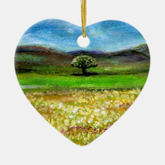 SOLITARY TREE IN THE YELLOW FLOWER FIELD,TUSCANY CERAMIC ORNAMENT (Front)