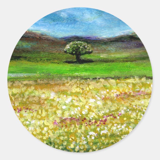 SOLITARY TREE IN THE YELLOW FLOWER FIELD,TUSCANY CLASSIC ROUND STICKER (Front)