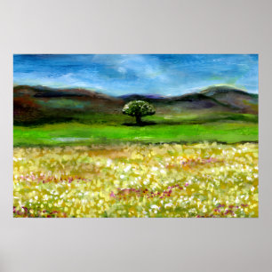 SOLITARY TREE IN THE YELLOW FLOWER FIELD,TUSCANY POSTER