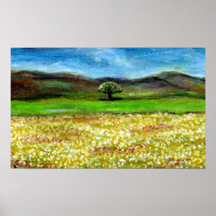 SOLITARY TREE IN THE YELLOW FLOWER FIELD,TUSCANY POSTER