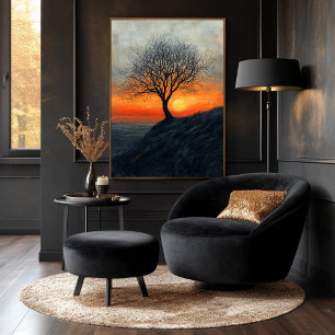 Solitary Tree Sunset in Charcoal and Warm Tones Poster
