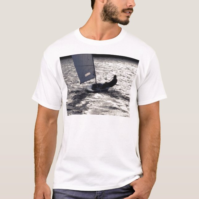 Solo Dinghy Sailing Into The Sun T-Shirt (Front)