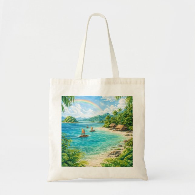 Solomon Islands Tropical Beach, Rainbow & Lagoon Tote Bag (Front)