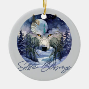 Solstice Blessings Winter Wolf Moonlight Woods Ceramic Ornament
