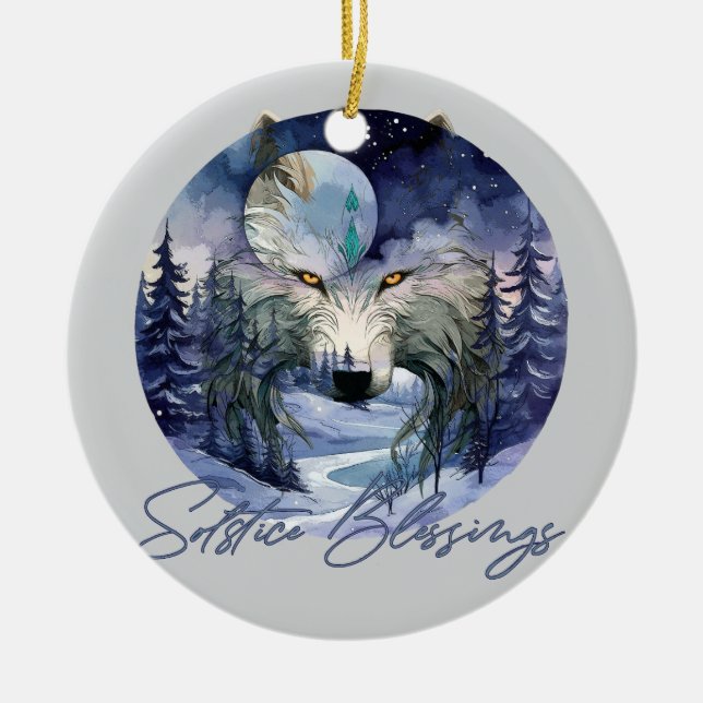Solstice Blessings Winter Wolf Moonlight Woods Ceramic Ornament (Front)