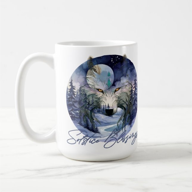 Solstice Blessings Winter Wolf Moonlight Woods Coffee Mug (Left)