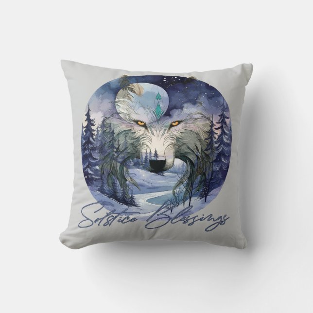 Solstice Blessings Winter Wolf Moonlight Woods Cushion (Front)