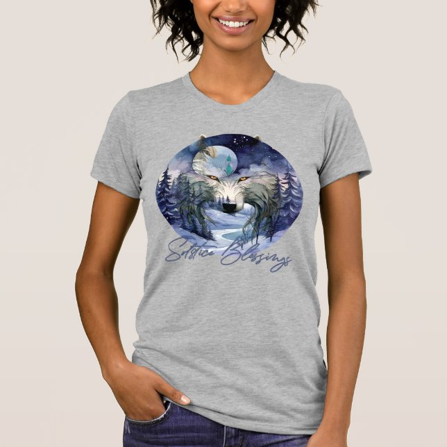 Solstice Blessings Winter Wolf Moonlight Woods T-Shirt (Front)