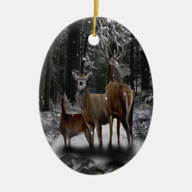 Solstice Deer Family Ceramic Ornament (Front)