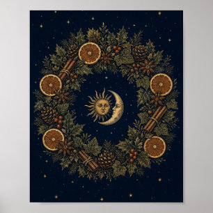 Solstice Wreath Sun and Moon Yule Botanical Art Poster