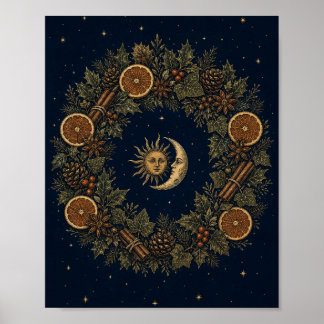 Solstice Wreath Sun and Moon Yule Botanical Art Poster