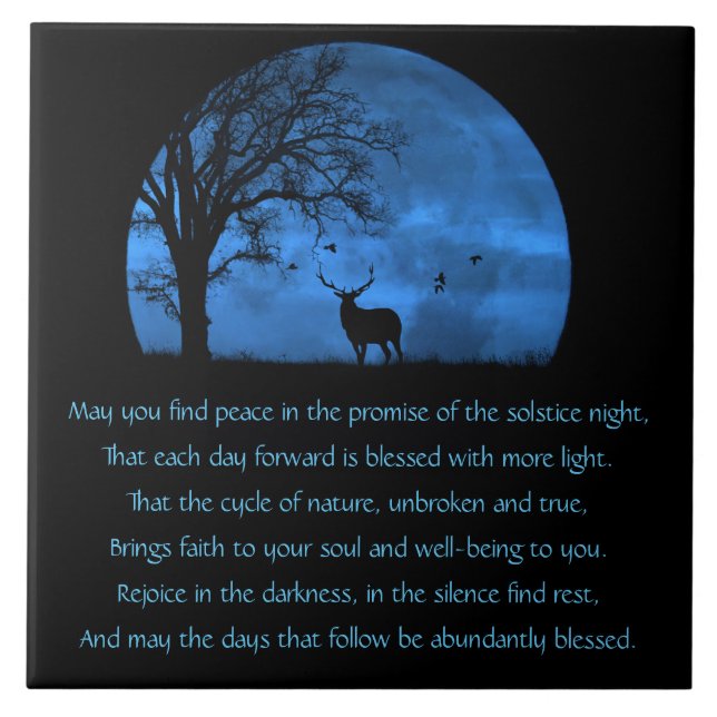 Solstice Yule Pagan Holiday Blessings Elk & Moon Ceramic Tile (Front)