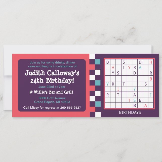 Solveable Sudoku Birthday Invitation (Front)
