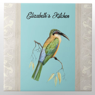 Somali Bee Eater Bird with Name on Aqua Ceramic Tile