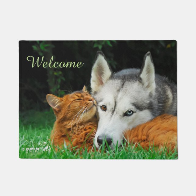 Somali Cat  Husky Cute Friends Huddle Love Welcome Doormat (Front)