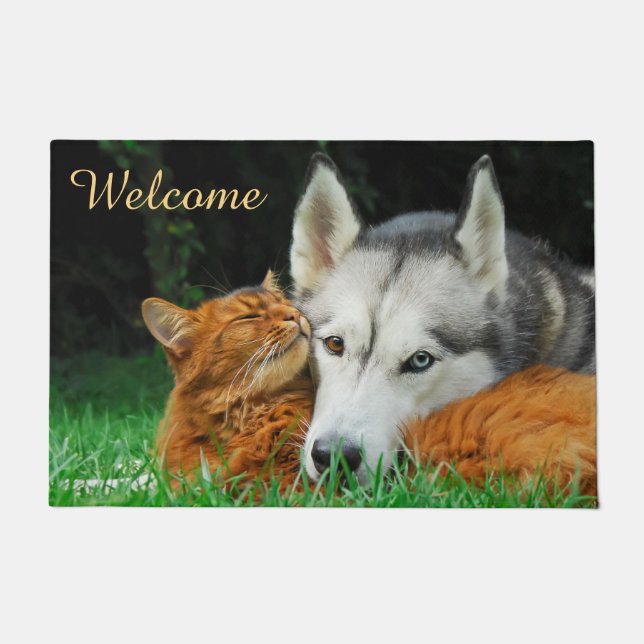 Somali Cat  Husky Cute Friends Huddle Love Welcome Doormat (Front)