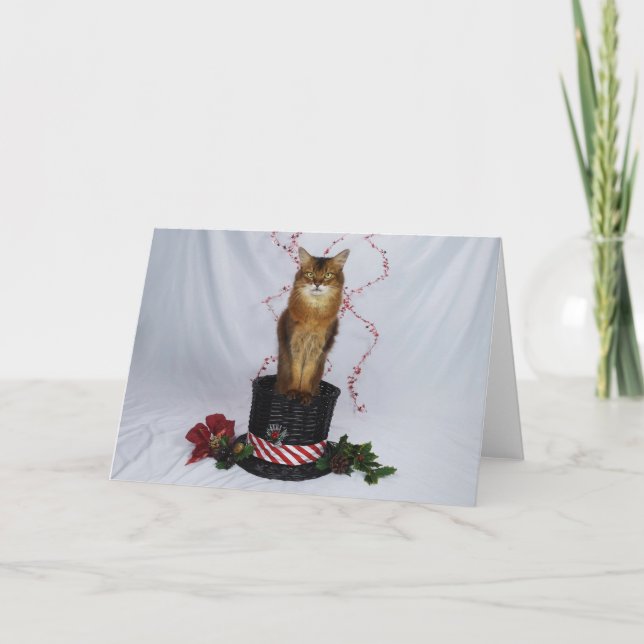 Somali Cat in a Christmas Hat Basket Greeting Thank You Card (Front)