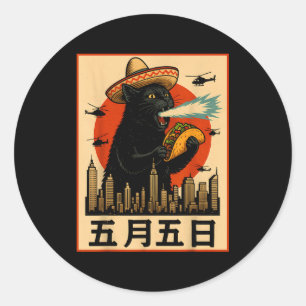 Sombrero kaiju cat taco funny cinco de mayo retro classic round sticker