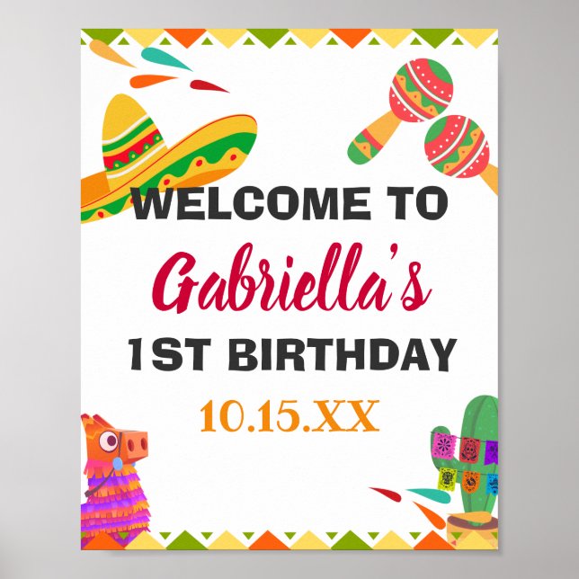 Sombrero Llama Mexican Style Fiesta First Birthday Poster (Front)