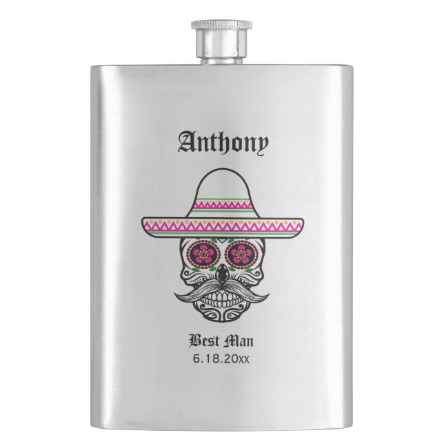 Sombrero Sugar Skull | Best Man Wedding Gift Hip Flask (Front)