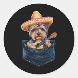 Sombrero Yorkshire Terrier Dog Playing Guitar Cinc Classic Round Sticker