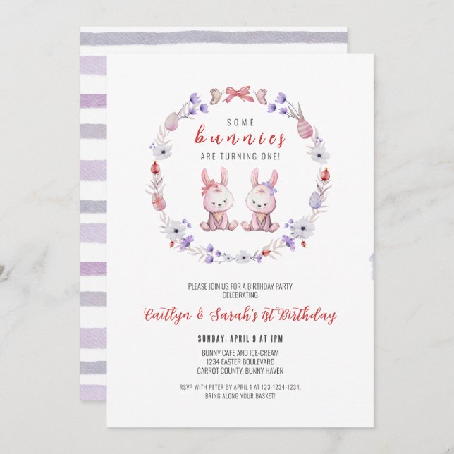 Some Bunnies are turning One, Twins 1st Birthday Invitation (Front/Back)