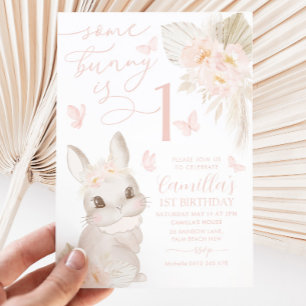 Some Bunny 1st Birthday Boho Pink Butterfly Cute Invitation