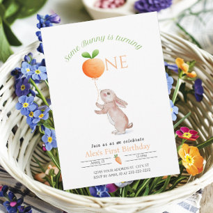 Some Bunny 1st birthday Carrot balloon Customizabl Invitation