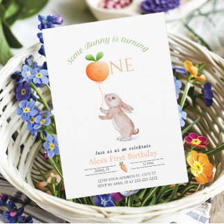 Some Bunny 1st birthday Carrot balloon Customizabl Invitation