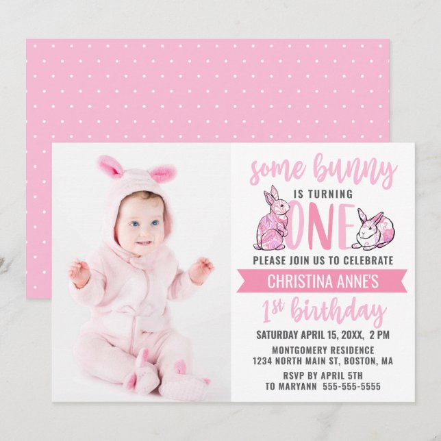 Some Bunny 1st Birthday Pink Cute Girl Photo Invitation (Front/Back)