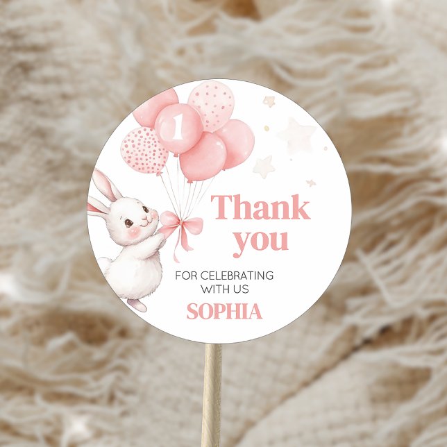 Some Bunny Balloon Birthday Party Classic Round Sticker (Some Bunny Pink Bow Balloon Birthday Party Sticker)
