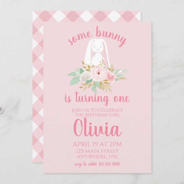 Some Bunny Birthday Invitation floral and Pink (Front/Back)