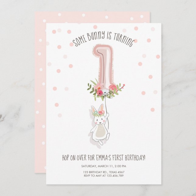 Some Bunny Birthday Invitation Girl First Pink (Front/Back)