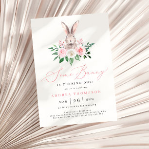 Some Bunny Blush Pink Floral Girls First Birthday Invitation