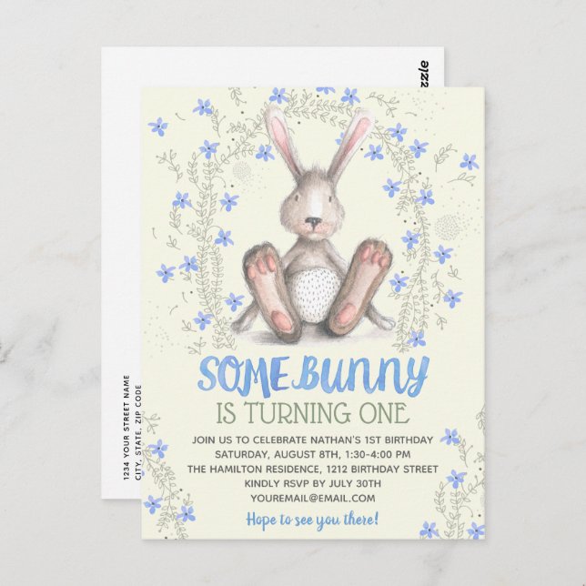 Some Bunny Boys 1st Birthday Party Invitation Postcard (Front/Back)