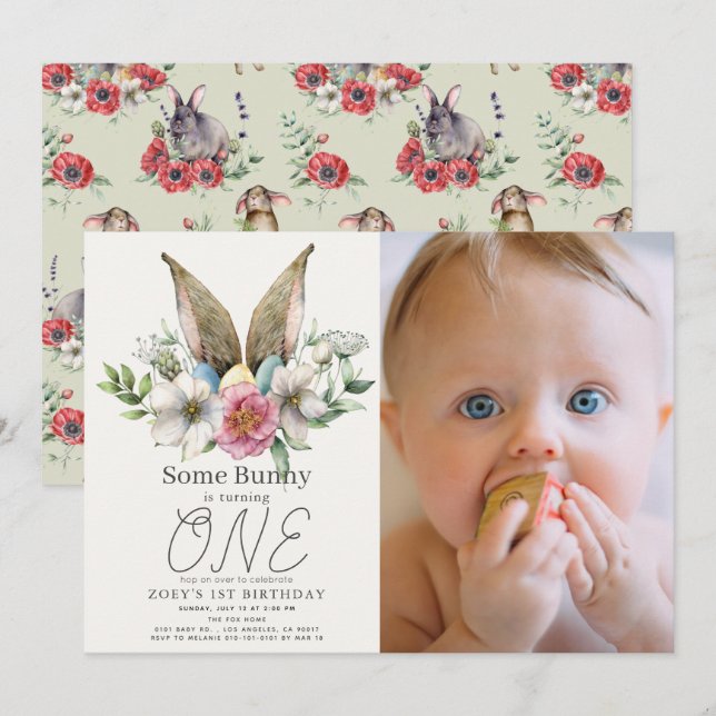 Some Bunny Ear Floral Girl 1st Birthday Photo Invitation (Front/Back)