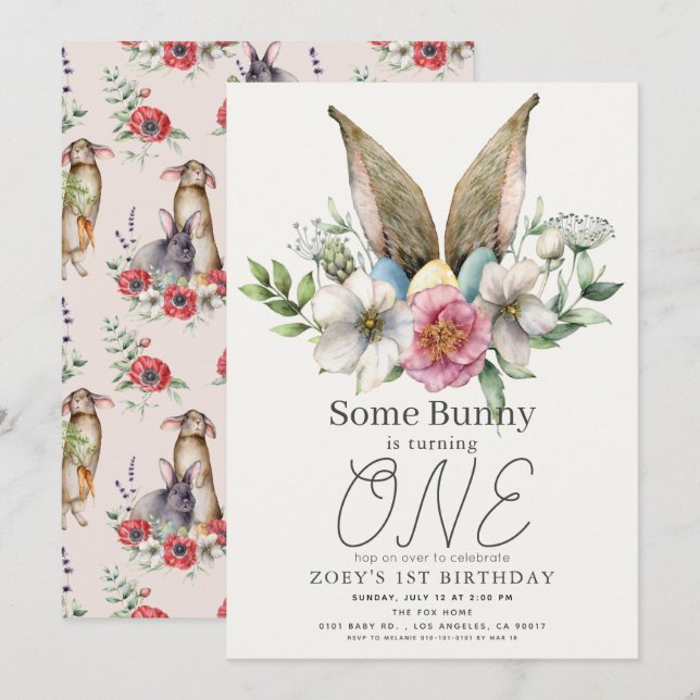 Some Bunny Ear Floral Pink Girl 1st Birthday Invitation (Front/Back)