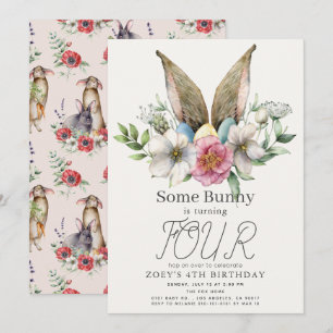 Some Bunny Ear Floral Pink Girl Birthday Invitation