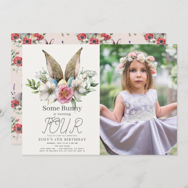 Some Bunny Ear Floral Pink Girl Birthday Photo Invitation (Front/Back)