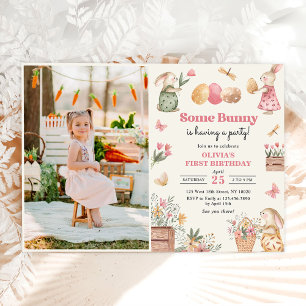 Some Bunny Easter Egg Girl First Birthday Photo Invitation