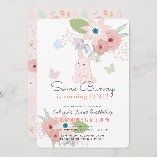 Some Bunny Floral Butterfly Pink 1st Birthday Invitation (Front/Back)