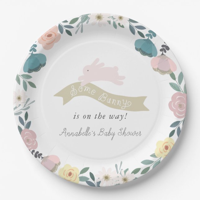 Some Bunny Floral Garden Girl White Baby Shower Paper Plate (Front)