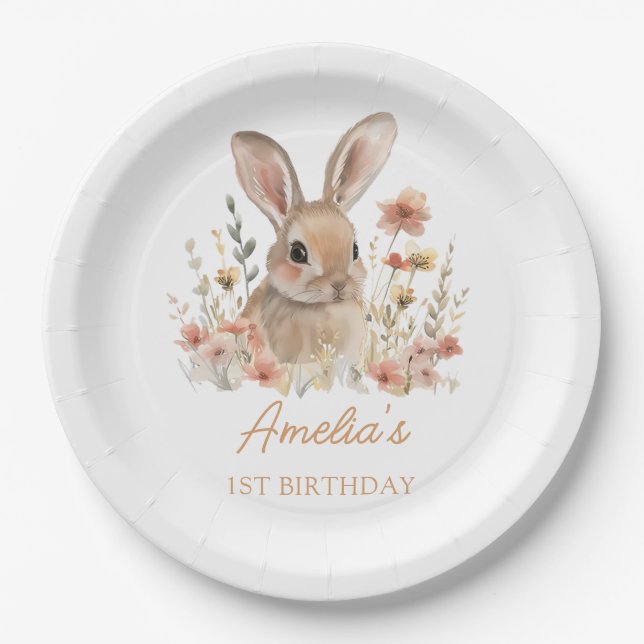 Some Bunny Floral Girl Birthday Paper Plates (Front)