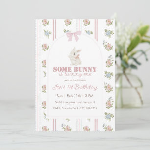 Some Bunny Floral Stripe 1st Birthday Invitation